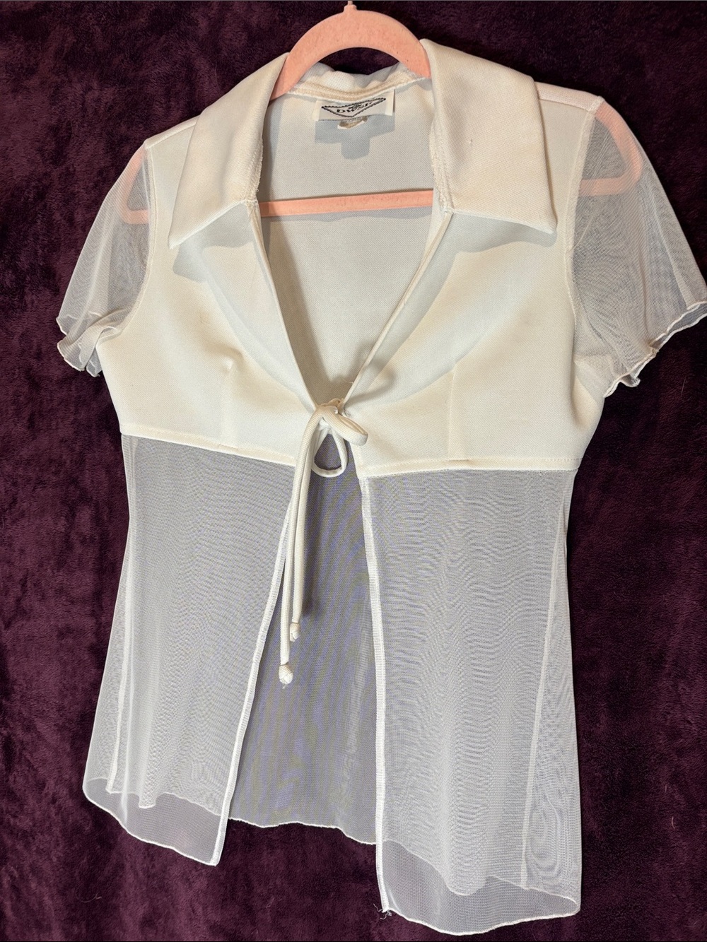 Sheer White Tie-Front Mesh Blouse with Collar